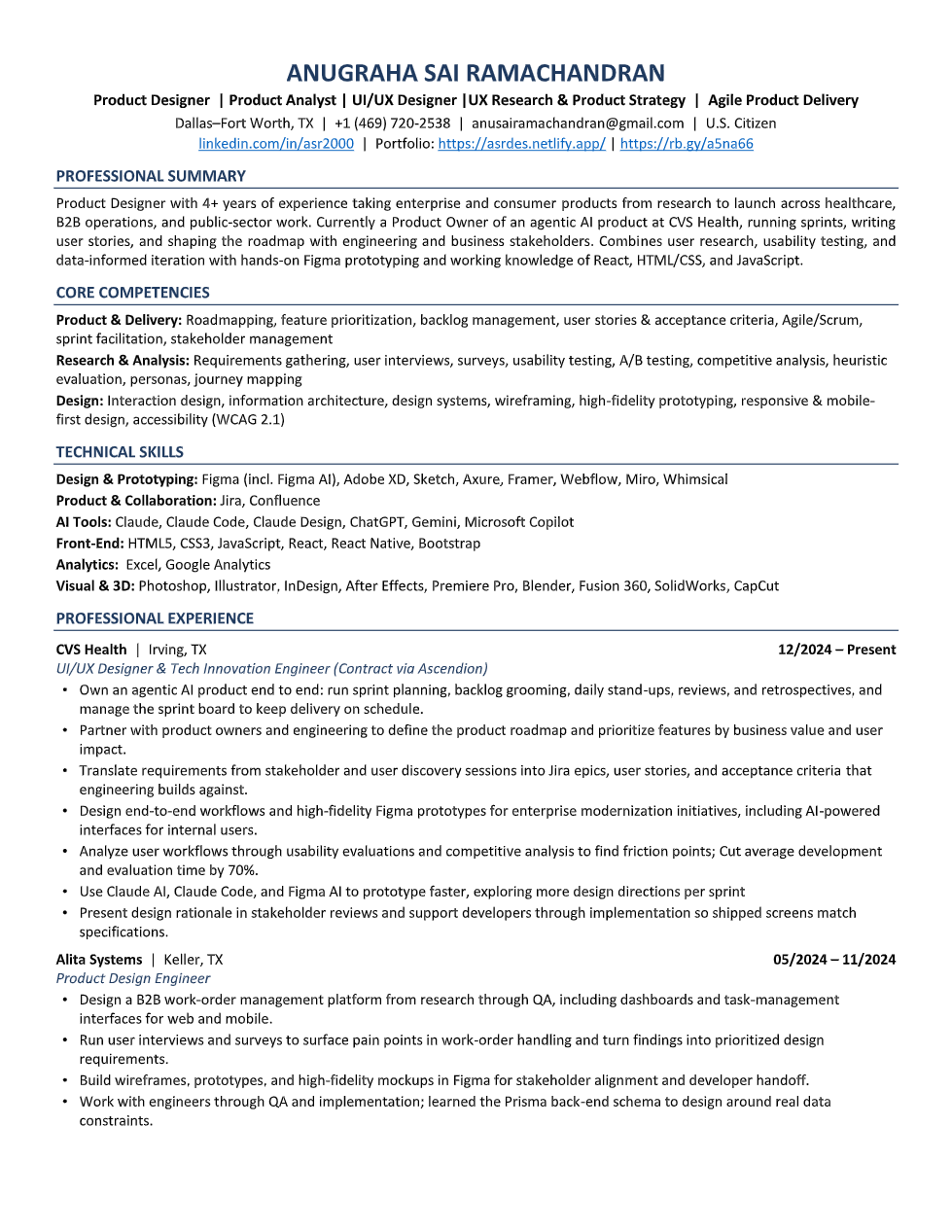 Resume of Anugraha Sai Ramachandran, page 1